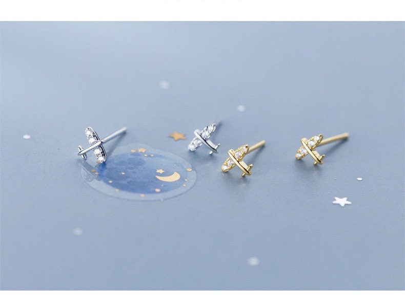 Tiny airplane Earrings| Helicopter Studs| Gold Studs| Crystal earrings| Jet earrings| Gold plane| Sterling Silver| Gifts for kids| Cutest