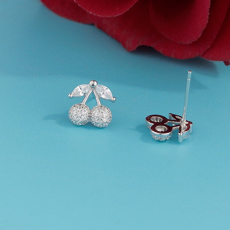 Sterling Silver Cherry Earrings | Crystal cherry earrings£üCherry Studs£üSterling Silver£üFruit Earrings£üGifts for kids£üCutest£üGlitter£üSparkle