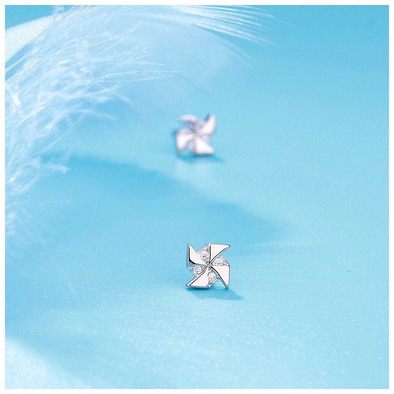 Windmill earrings | Pinwheel Studs| CZ| Sterling Silver| S925