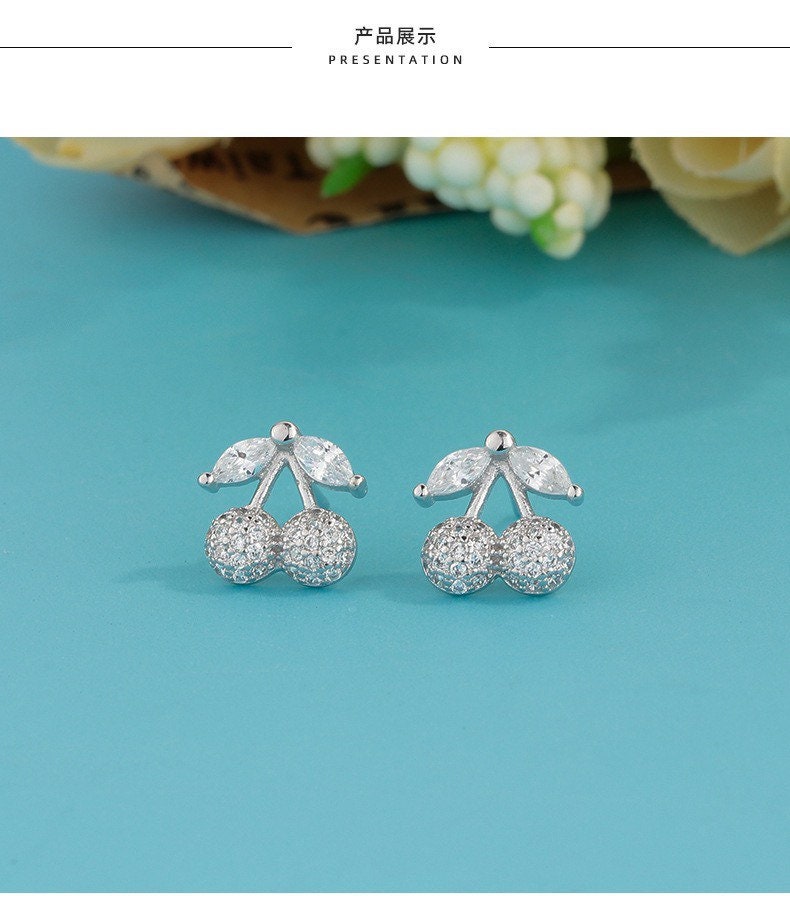 Sterling Silver Cherry Earrings | Crystal cherry earrings£üCherry Studs£üSterling Silver£üFruit Earrings£üGifts for kids£üCutest£üGlitter£üSparkle