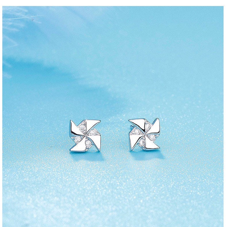 Windmill earrings | Pinwheel Studs| CZ| Sterling Silver| S925