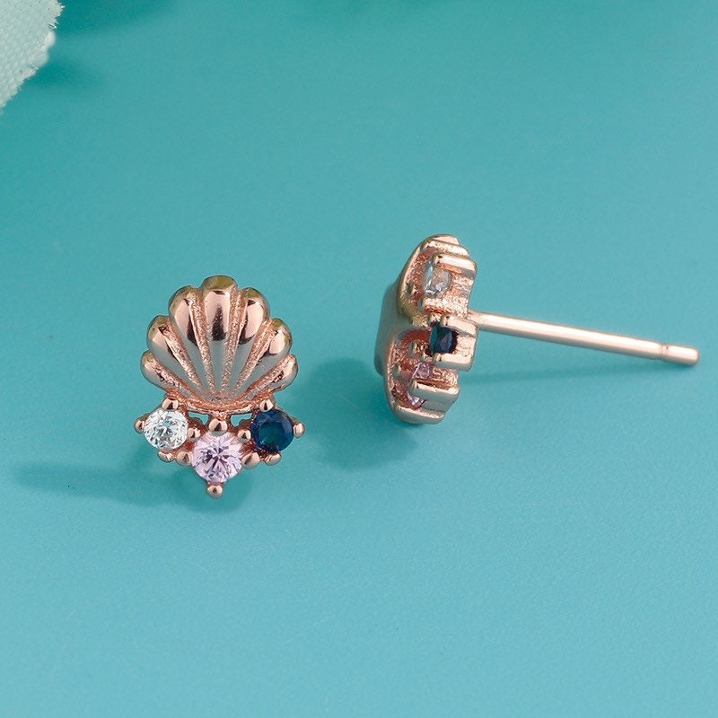 Starfish earrings , Sea star studs, Seashells, Scallops, Rose gold studs,  Sterling Silver, Sapphire, S925, Dainty, Gift for her