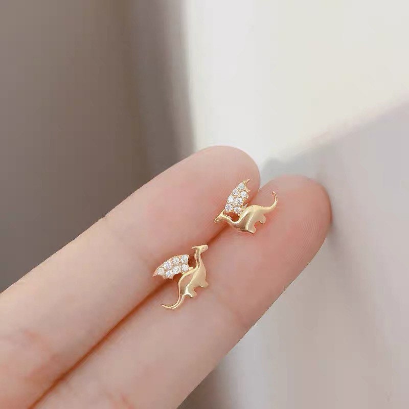 T-Rex studs, Flying dragon earrings, Brachiosaurus studs, Sterling Silver, 14k Gold Plated, Cute, Dinosaur, Tyrannosaur