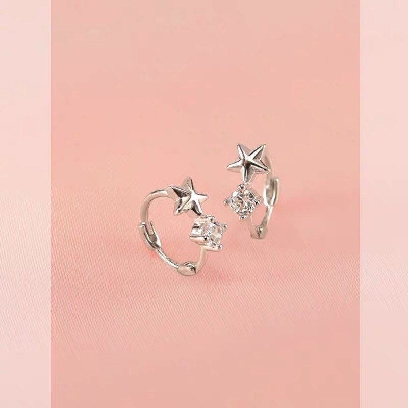 Twinkle Star hoop Earrings, Sterling Silver, Cute, Hoops , Gift for her, Starry Night