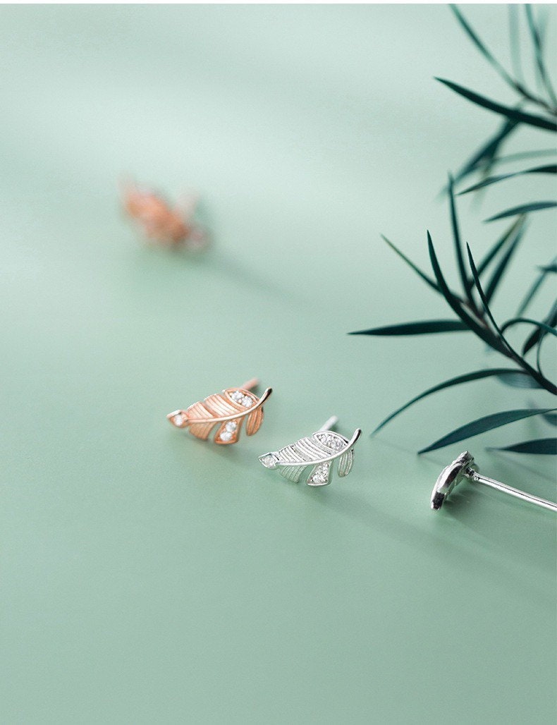 Tiny leaf earrings| Feather studs| Polished| Studs| Sterling Silver| Rose gold
