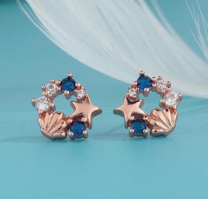 Starfish shell earrings , Sea star earrings , Rose gold studs,  Sterling Silver, S925, Dainty, Gift for her