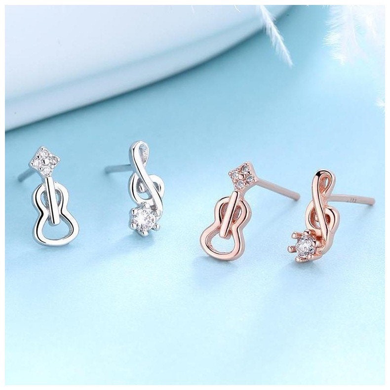 Violin and Clef Earrings| Cello Studs| Crystal earrings| Guitar | Sterling Silver| Mismatched earrings| Gifts for musicians | Cutest