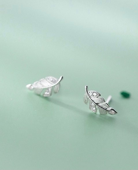 Tiny leaf earrings| Feather studs| Polished| Studs| Sterling Silver| Rose gold