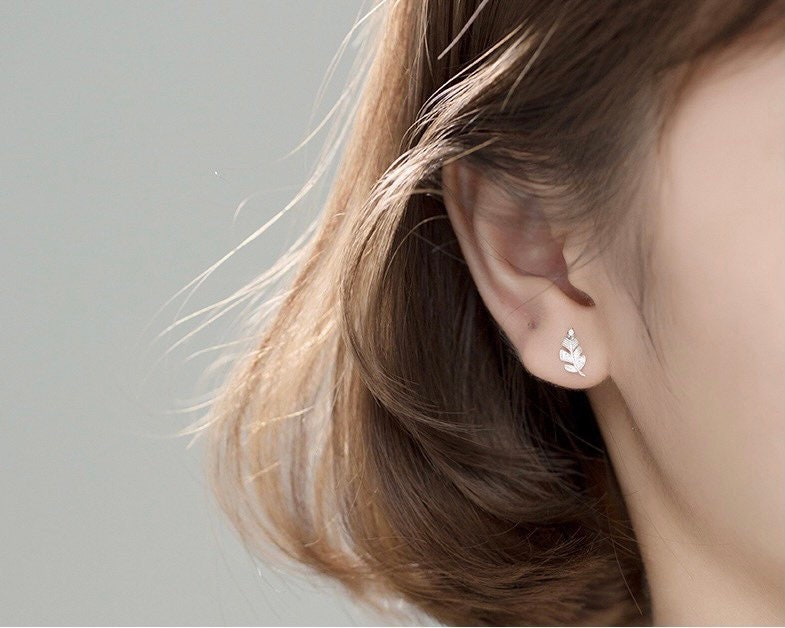 Tiny leaf earrings| Feather studs| Polished| Studs| Sterling Silver| Rose gold