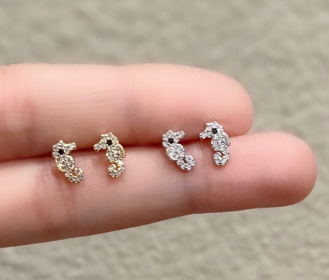 Tiny seahorse stud earrings , Sterling Silver, Cute, Ocean, Sea animals, Best gift