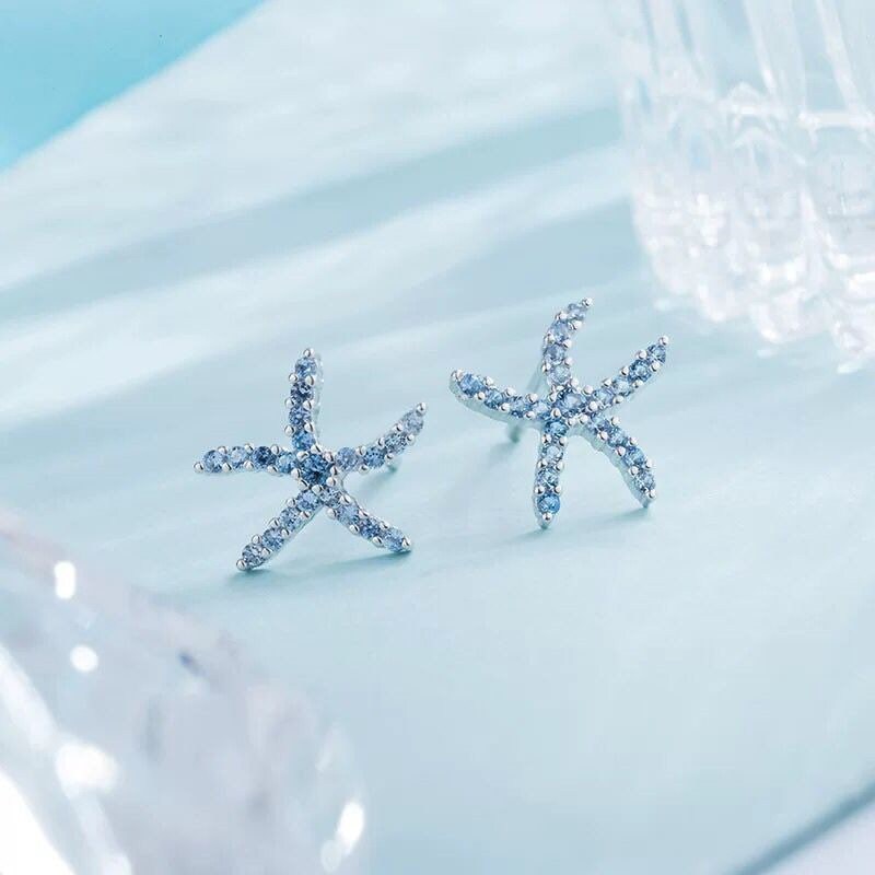 Starfish earrings , Blue starfish studs,  Sterling Silver, S925, Dainty, Gift for her