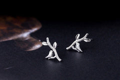 Tiny bird and branch leaf earrings, Studs, Sterling Silver, Gifts for kids, Cutest.