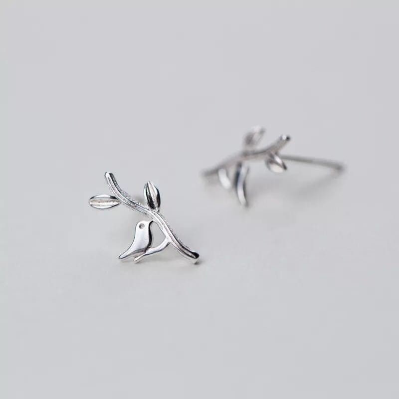 Tiny bird and branch leaf earrings, Studs, Sterling Silver, Gifts for kids, Cutest.