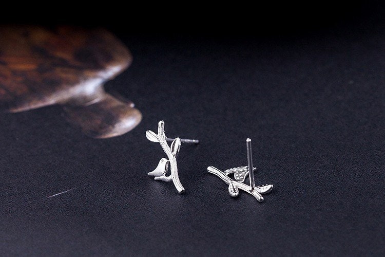 Tiny bird and branch leaf earrings, Studs, Sterling Silver, Gifts for kids, Cutest.