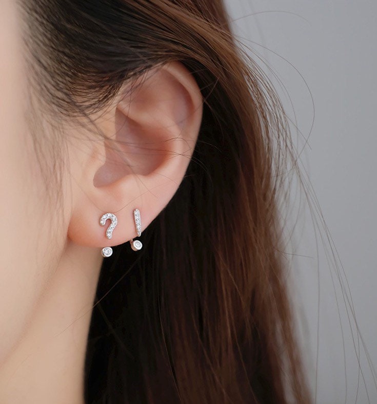 Tiny Punctuation Earrings, Question mark and exclamation mark studs, Sterling Silver, S925, Mismatched studs, Grammar studs