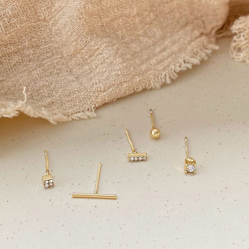 Tiny sterling silver set of 5 studs| Tiny cz Studs| 14k gold plated | Solid Sterling Silver| Minimalist Jewelry