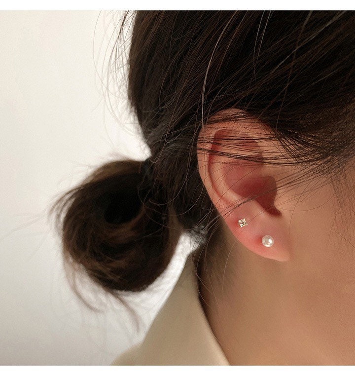 Tiny sterling silver set of 5 studs| Tiny cz Studs| 14k gold plated | Solid Sterling Silver| Minimalist Jewelry