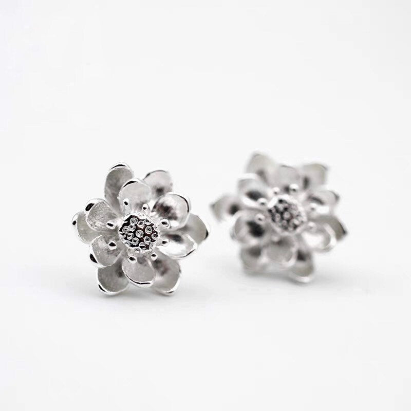 Silver Lotus Earrings, Flower Earrings, Stud Earrings, Sterling Silver, Gifts for her, Elegant