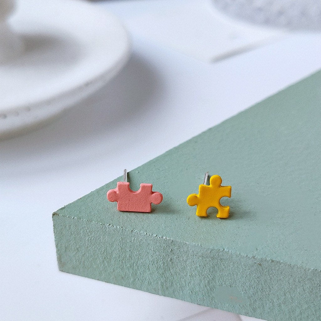Tiny puzzle earrings | Cute| Simple| Yellow| Pink| Polymer clay earrings| Kawaii| Japanese| Anime