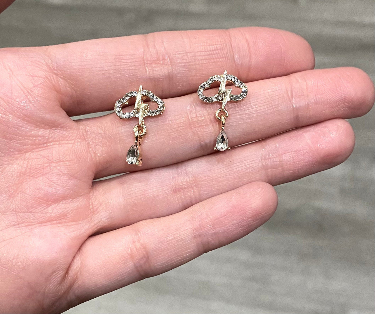 Tiny thunder lightning clouds earrings, Weather earrings, Moody, Studs, Sterling Silver, Cloudy, Flash.