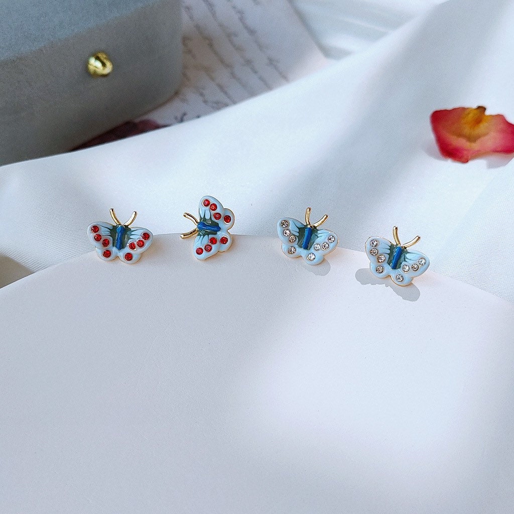Tiny Enamel Butterfly Earrings, Sterling Silver, Gifts for kids, Cutest, Delicate, Blue