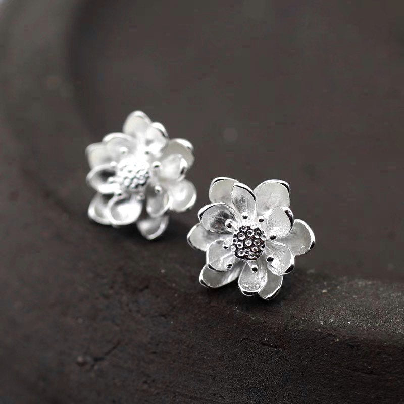 Silver Lotus Earrings, Flower Earrings, Stud Earrings, Sterling Silver, Gifts for her, Elegant