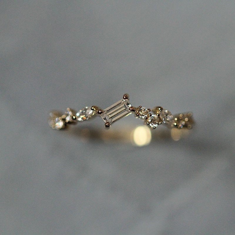 Skinny geometric diamond gold ring |Boho stacking ring | Minimalist | Tiny diamond ring | Emerald cut
