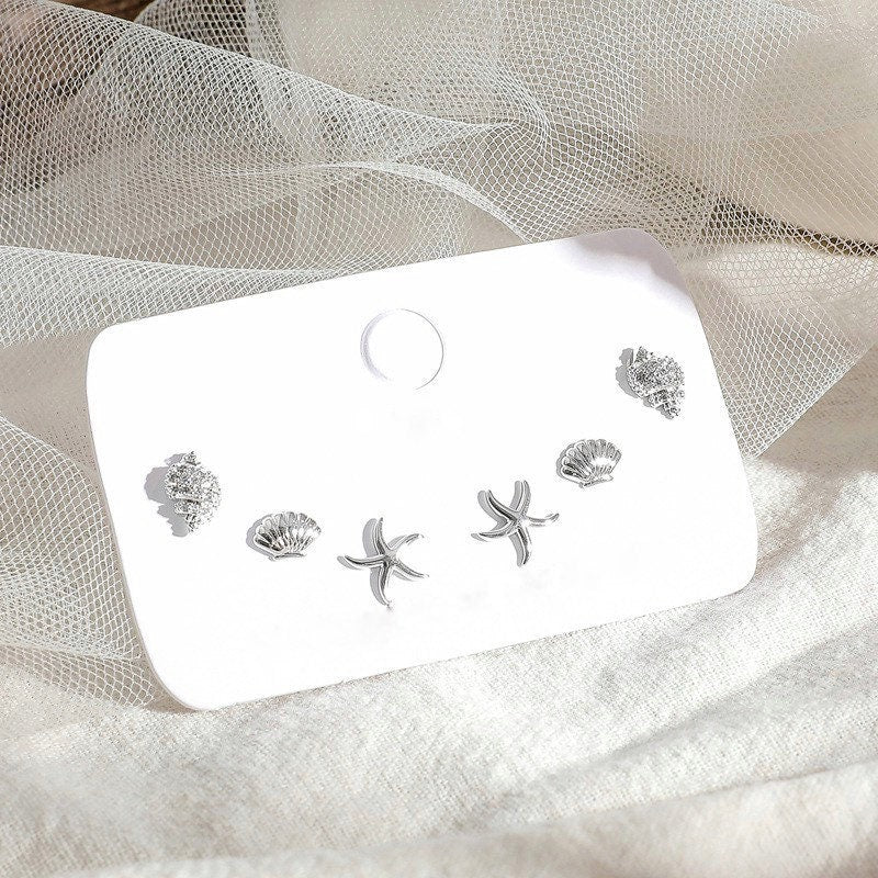 Set of 3 pairs, Starfish earrings , Seashells studs,  Conch earrings, Scallops, Sterling Silver, S925, Dainty, Gift for her