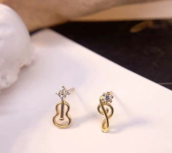 Violin and Clef Earrings| Cello Studs| Crystal earrings| Guitar | Sterling Silver| Mismatched earrings| Gifts for musicians | Cutest
