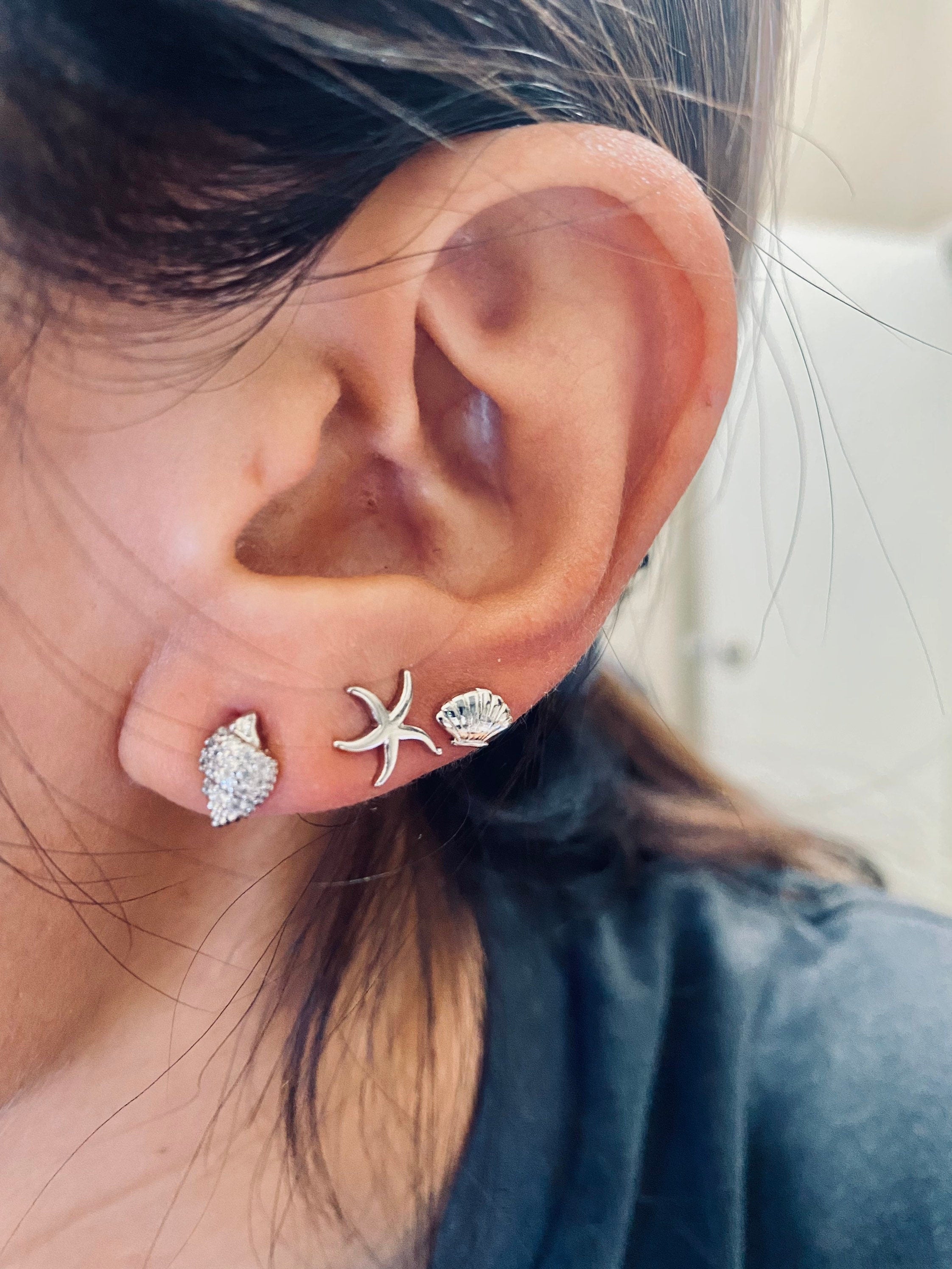 Set of 3 pairs, Starfish earrings , Seashells studs,  Conch earrings, Scallops, Sterling Silver, S925, Dainty, Gift for her