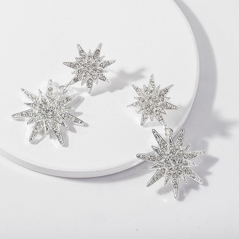 Starburst Dangle Earrings, Eight-pointed star Earrings , Sterling Silver, Cute, Gold, Starry Night