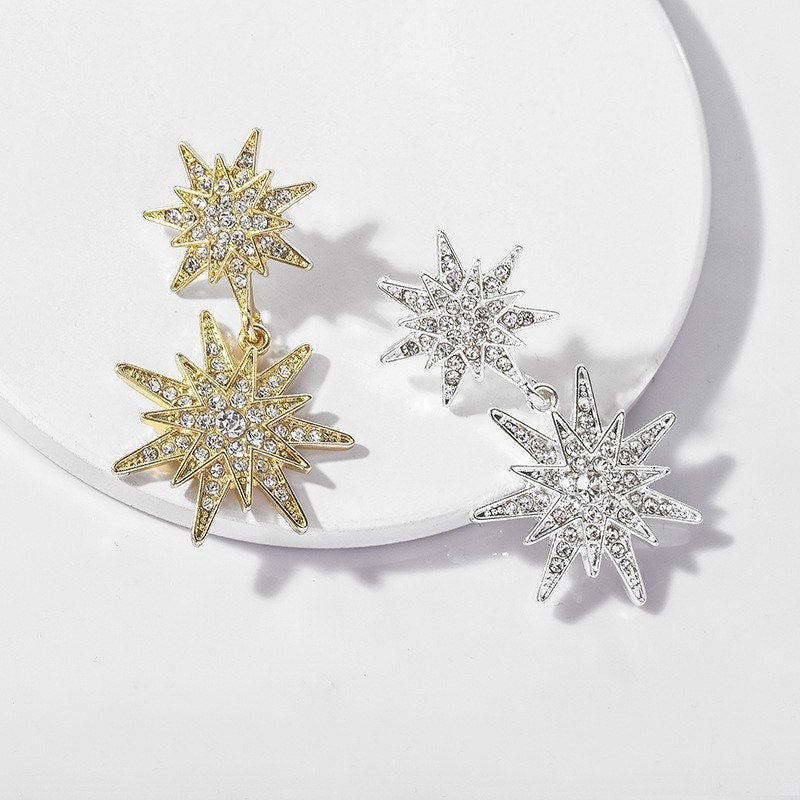 Starburst Dangle Earrings, Eight-pointed star Earrings , Sterling Silver, Cute, Gold, Starry Night