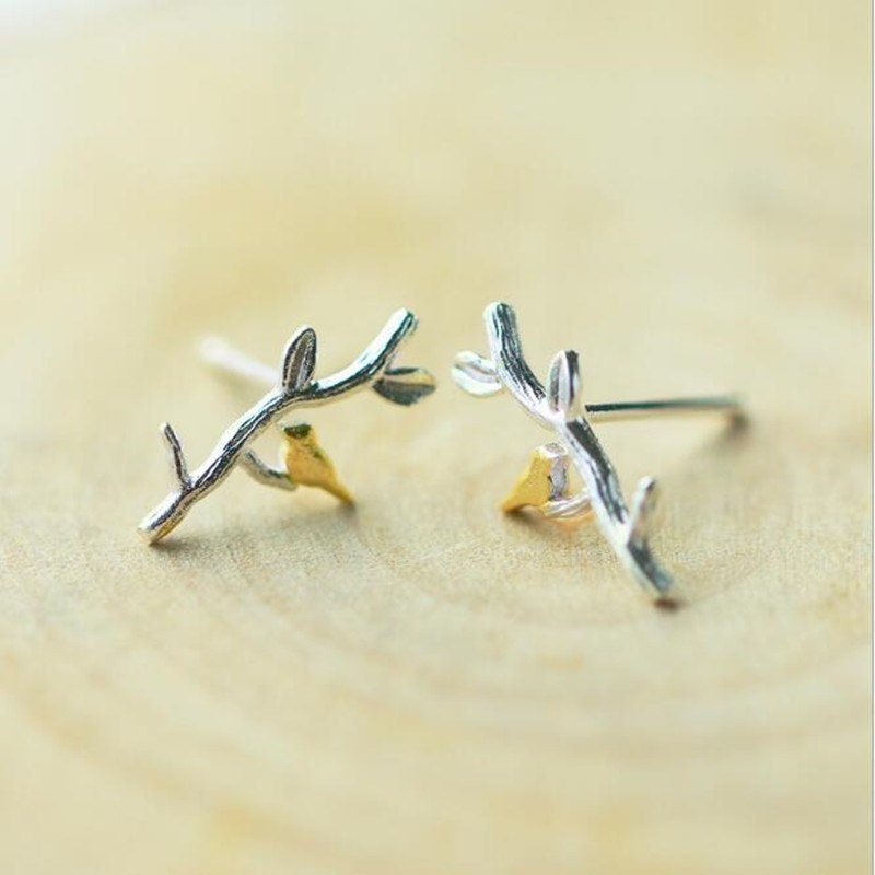 Tiny bird and branch leaf earrings, Studs, Sterling Silver, Gifts for kids, Cutest.
