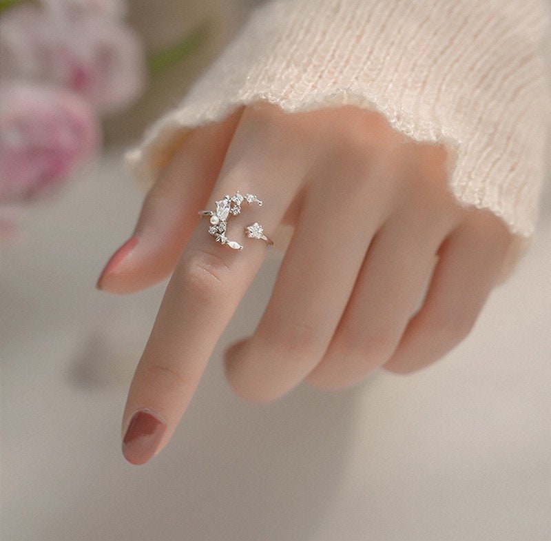 Sterling Silver Moon Star Ring| Adjustable Ring| S925| Diamond moon| Romantic| Best gift |Galaxy
