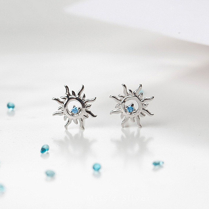 Sun Earrings | Sunflower Studs| Floral| Flower| Sterling Silver| Cute| Dainty| Sapphire