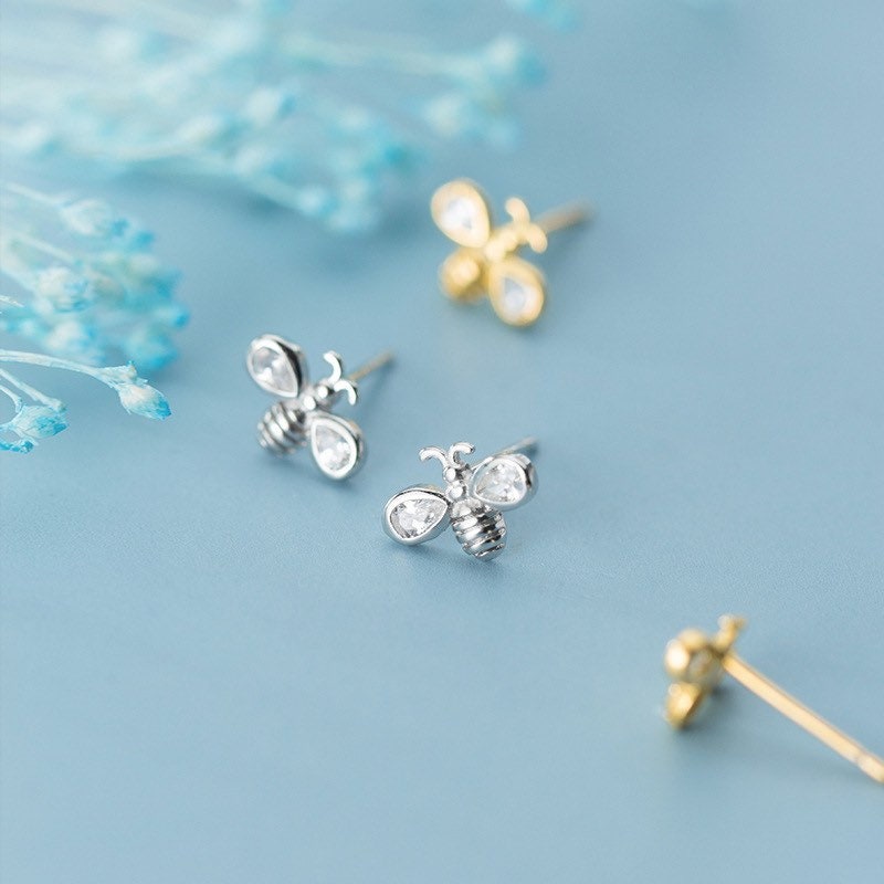 Tiny Bee Earrings, Bumblebee studs, Sterling Silver