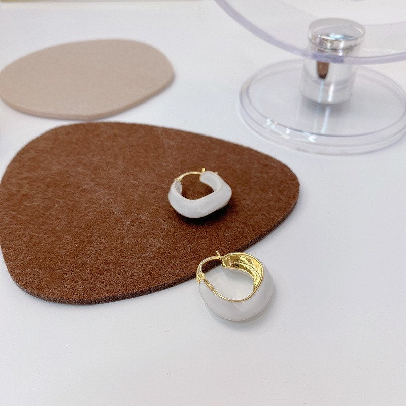 White Enamel Hoop Earrings| White Enamel Chunky Hoops|Dainty| Elegant|