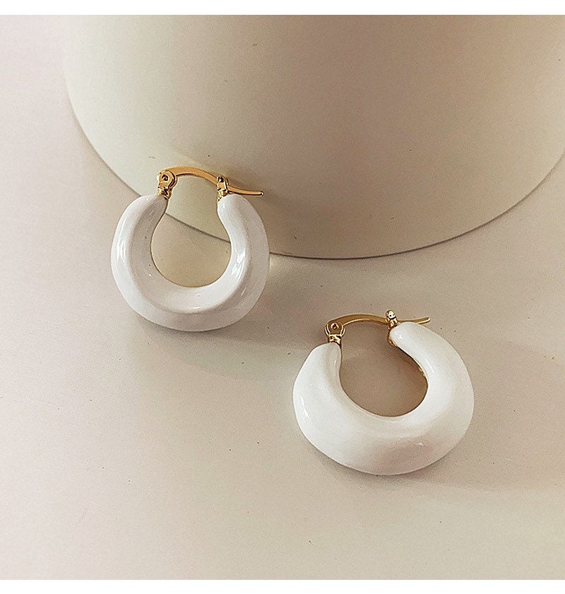 White Enamel Hoop Earrings| White Enamel Chunky Hoops|Dainty| Elegant|