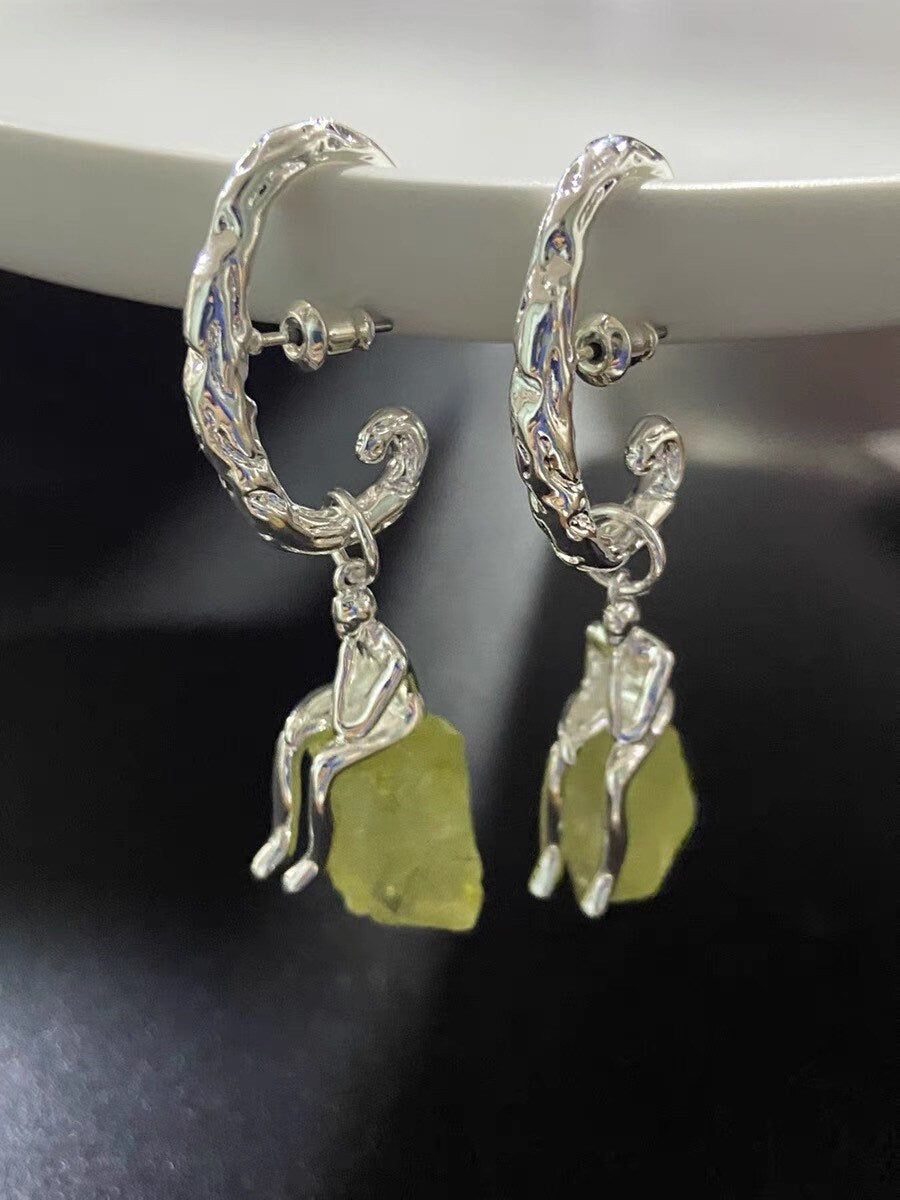 Thinker Dangle Earrings| Raw Crystal Earrings | Abstract Man Earrings| Figure earrings