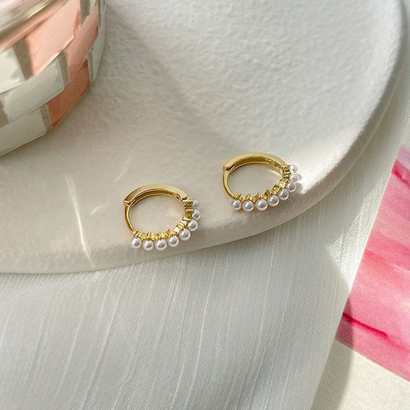 Tiny pearls hoop earrings | Hoops| Hold| Dainty| Cute| Elegant | Delicate|