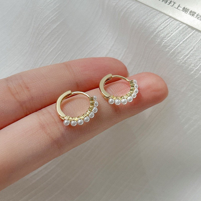 Tiny pearls hoop earrings | Hoops| Hold| Dainty| Cute| Elegant | Delicate|