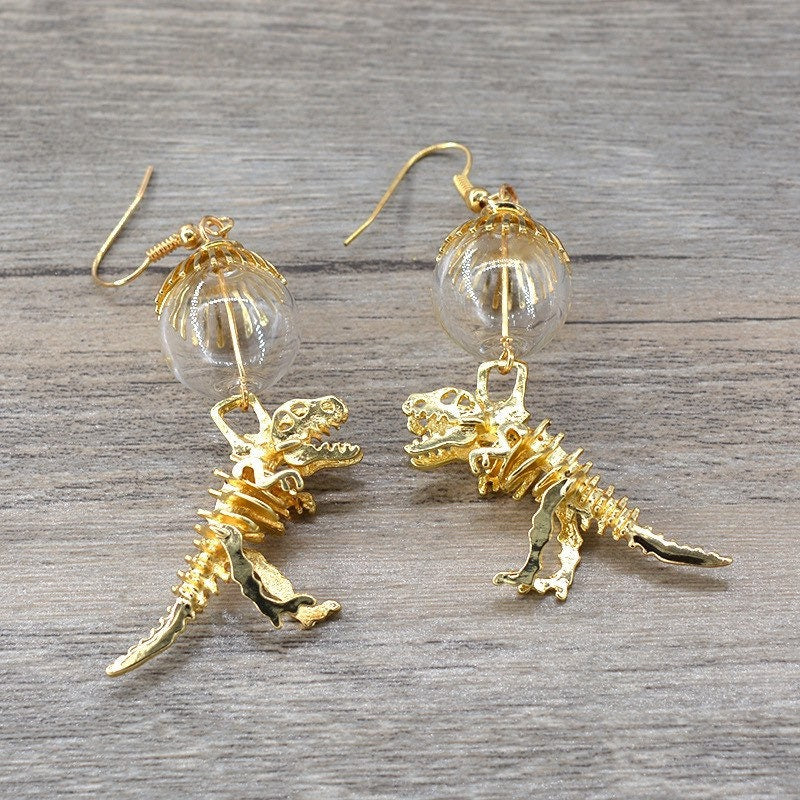 T-Rex Skeleton Dangle earrings | 14k Gold Plated| Cute | Dinosaur| Tyrannosaurus Rex