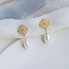 Real freshwater pearl dangle earrings | Baroque pearl dangle earrings | Emerald | 7mm-8mm