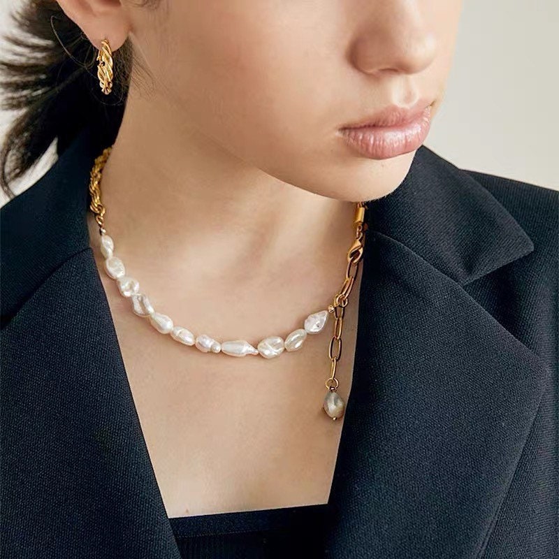 Baroque Pearl Necklace with Gold Chain Accent