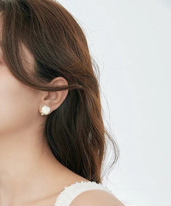 White rose ear cuffs| white rose stud earrings | Enamel flower earrings