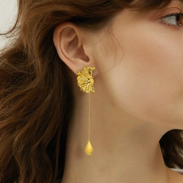 Poppy Flower Dangle Earrings - Real Gold Plated Vermeil, Mismatched